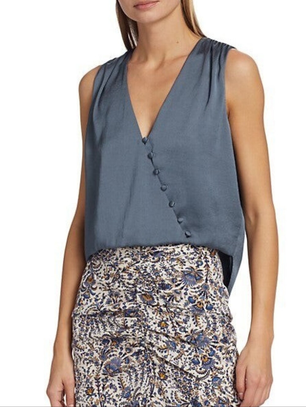 Veronica Beard Ravi Blue Crepe Satin Button Detail Surplice Neck Top Size 2